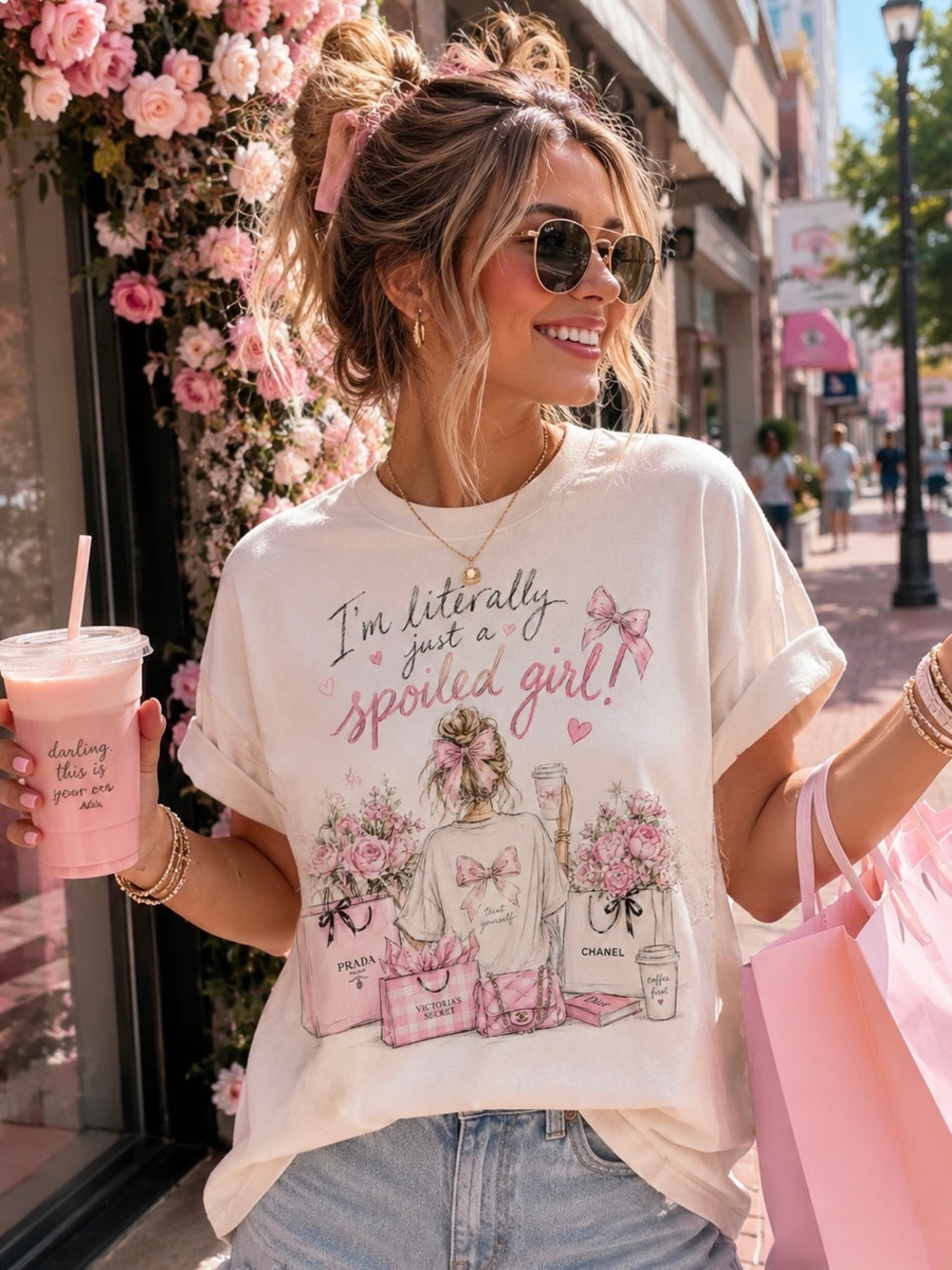 Cream Graphic Tee with Pink Accents - 'Spoiled Girl' S-5x